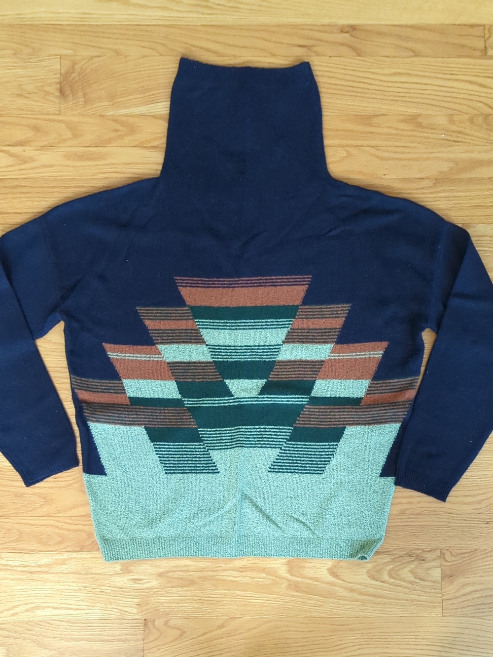 Prana Navy Turtleneck Sweater with Teal and Rust Geometric Motif